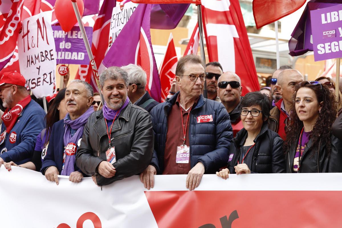 Elena Blasco, Francisca Gómez, Jaime Cedrún y Unai Sordo en la cabecera de la manifestación de Madrid | Fotografía: CC.OO.