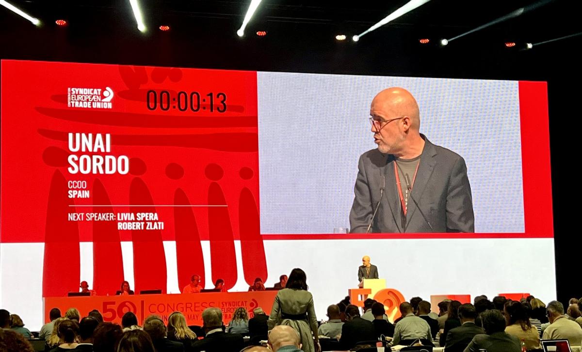 Unai Sordo durante su primera intervencin en el XV congreso de la CES en Berln.