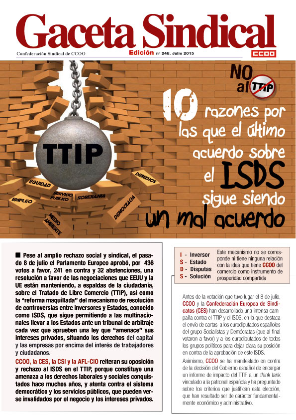 Gaceta Sindical nº 248: NO AL TTIP. 10 razones por las que el último acuerdo sobre el ISDS sigue siendo un mal acuerdo