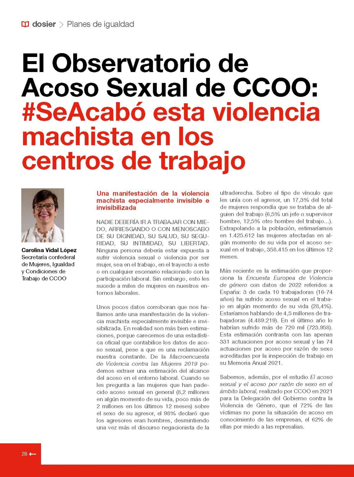 Carolina Vidal, secretaria confederal de Mujeres, Igualdad y Condiciones de Trabajo de CCOO, escribe en el ltimo nmero de la revista TE, que edita la Federacin Estatal de Enseanza de CCOO.