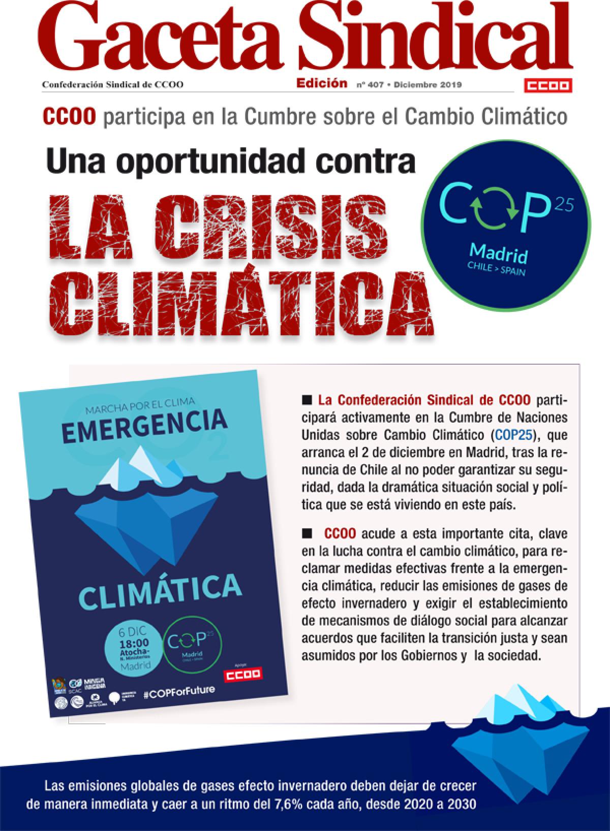 Gaceta Sindical nº 407. CCOO participa en la Cumbre sobre el Cambio Climático