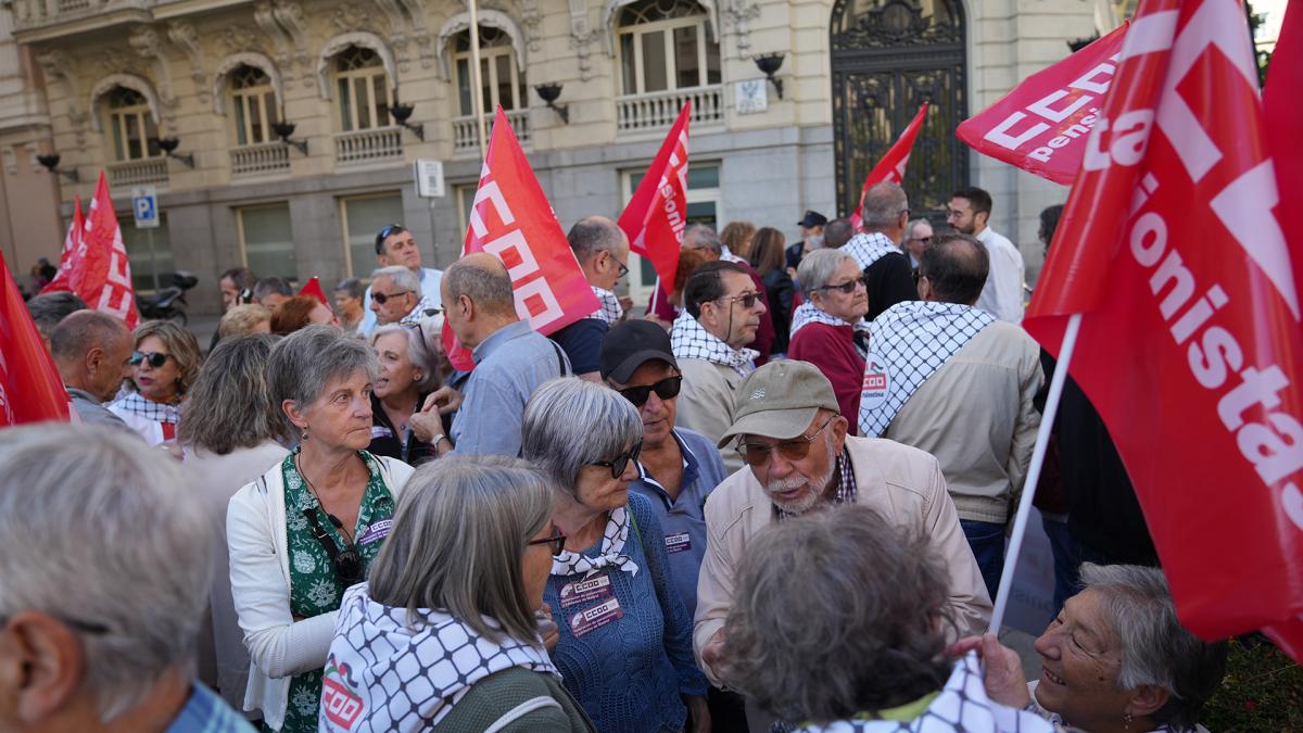 Militantes de CCOO en el Día Internacional de las Personas Mayores se concentraron frente al Congreso.