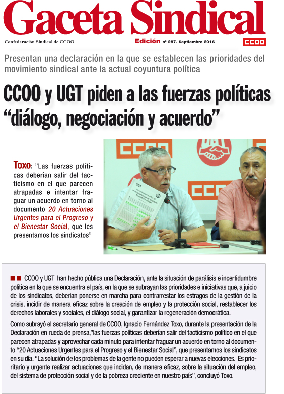 Gaceta Sindical n 287 Declaracin CCOO UGT ante situacin poltica