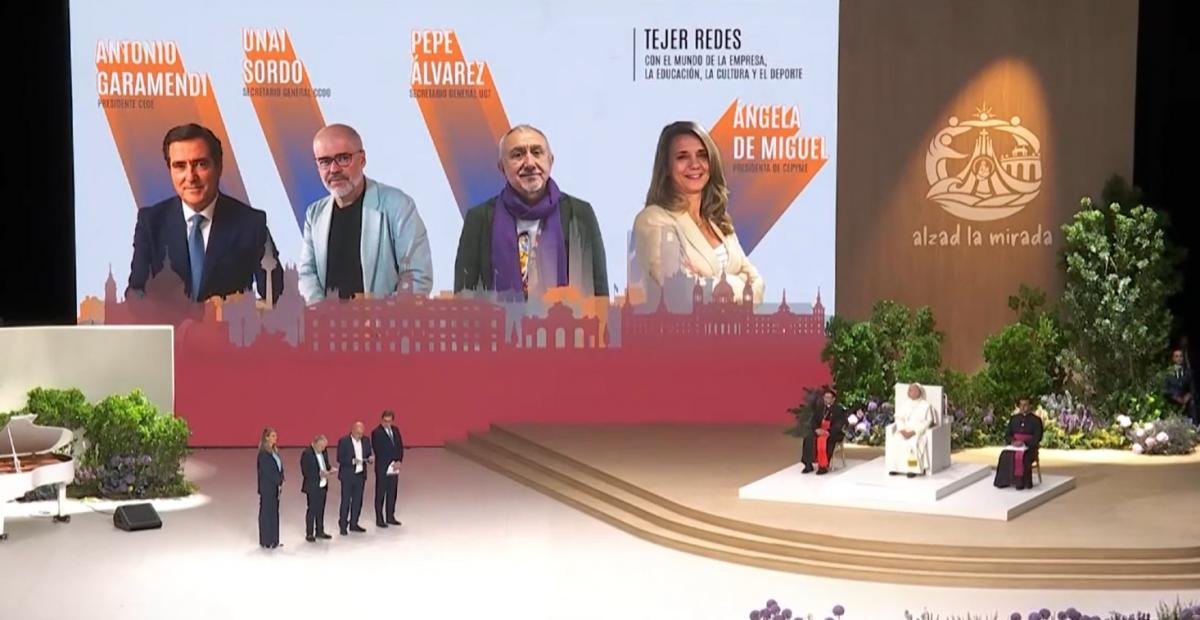 Unai Sordo en su intervención en el acto con el Papa León XIV