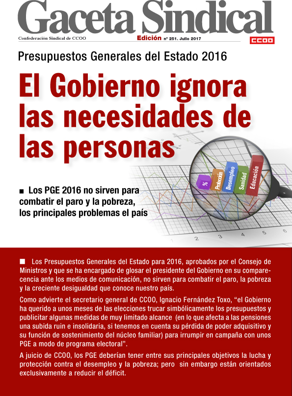 Gaceta Sindical n 241: PGE2016. El Gobierno ignora las necesidades de las personas.