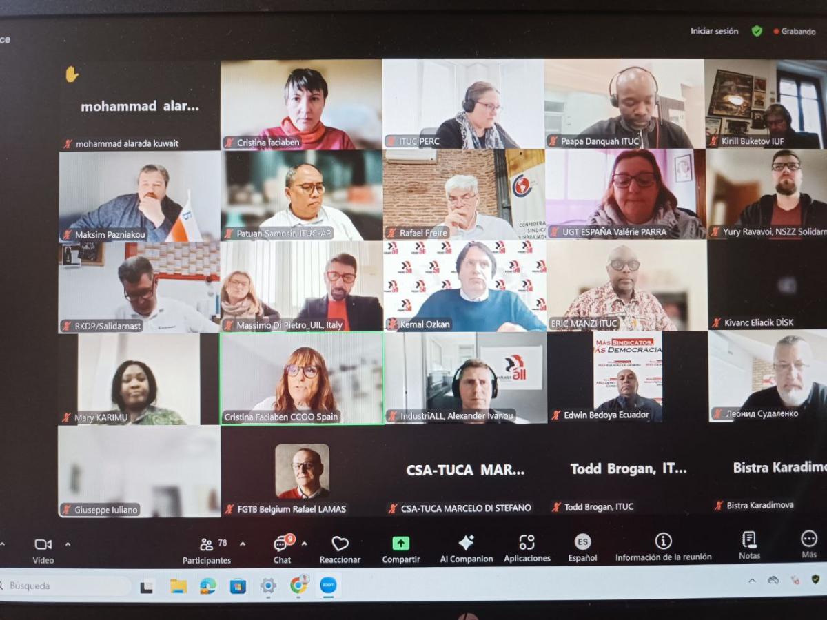 Cristina Faciaben y el resto de intervinientes durante la videoconferencia internacional organizada por la Confederacin Sindical Internacional (CSI) .