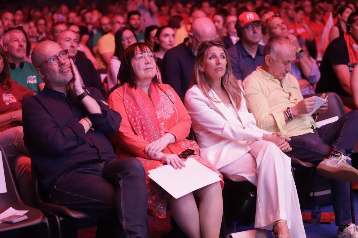 Yolanda Díaz, Ministra de Trabajo y Economía Social; junto a Esther Lynch,secretaria general de la CES,  Pepe Álvarez y Unai Sordo.