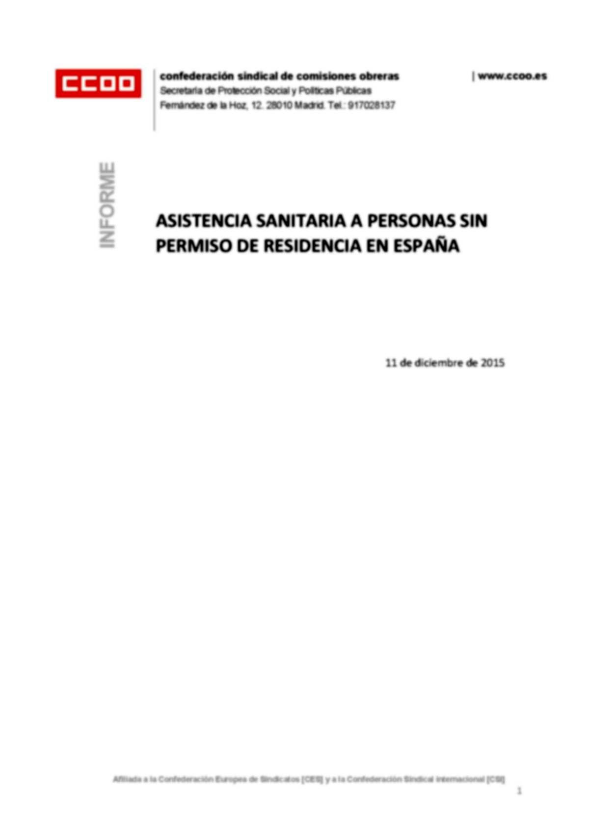 Portada Informe Asistencia Sanitaria personas sin permiso residencia España