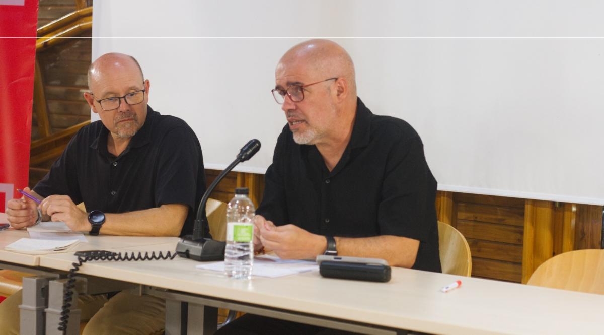 Unai Sordo, junto al secretario general de CCOO Aragón, Manuel Pina, en Morillo de Tou (Huesca).