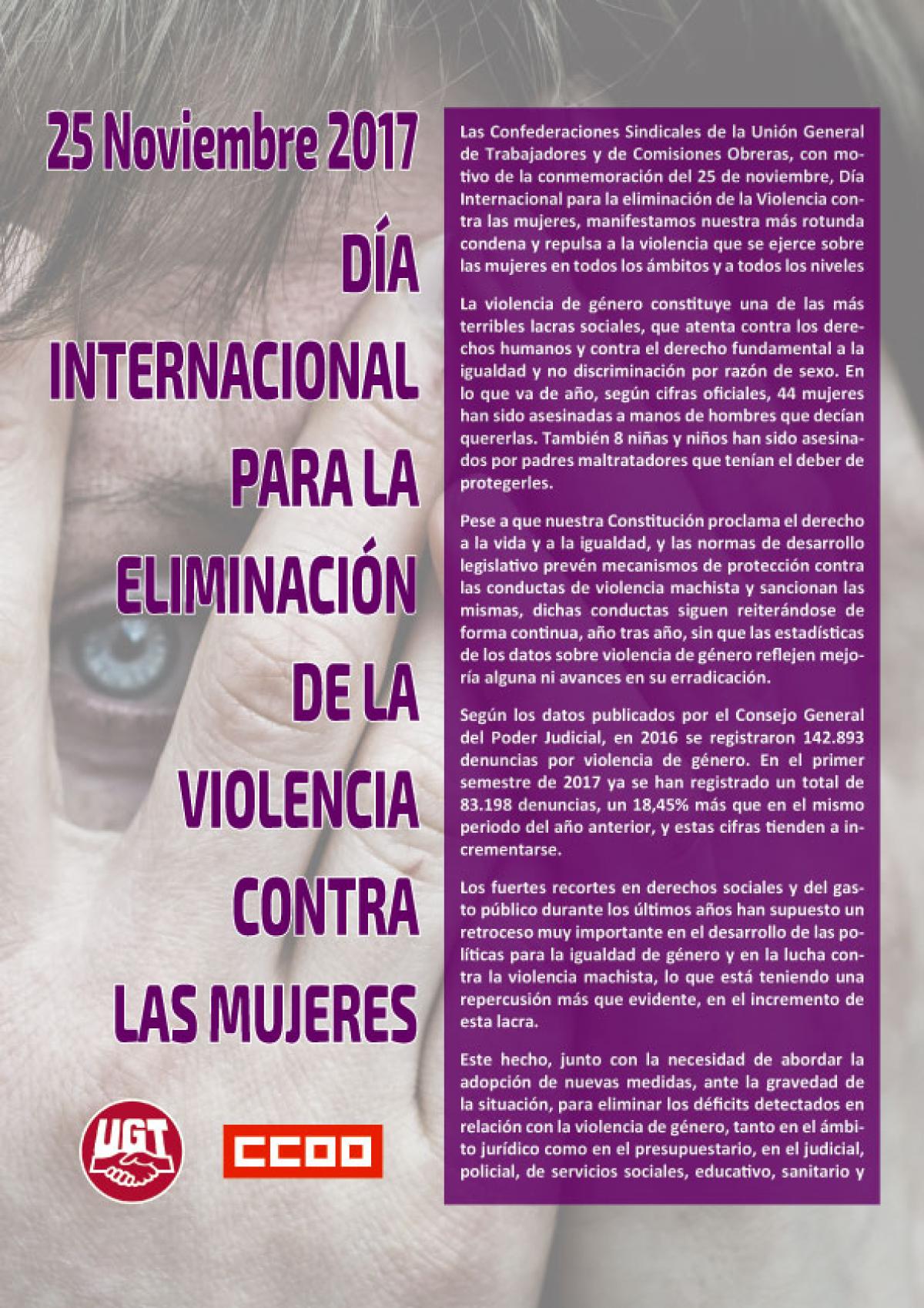 Manifiesto de CCOO y UGT Día Internacional para la eliminación de la violencia contra las mujeres