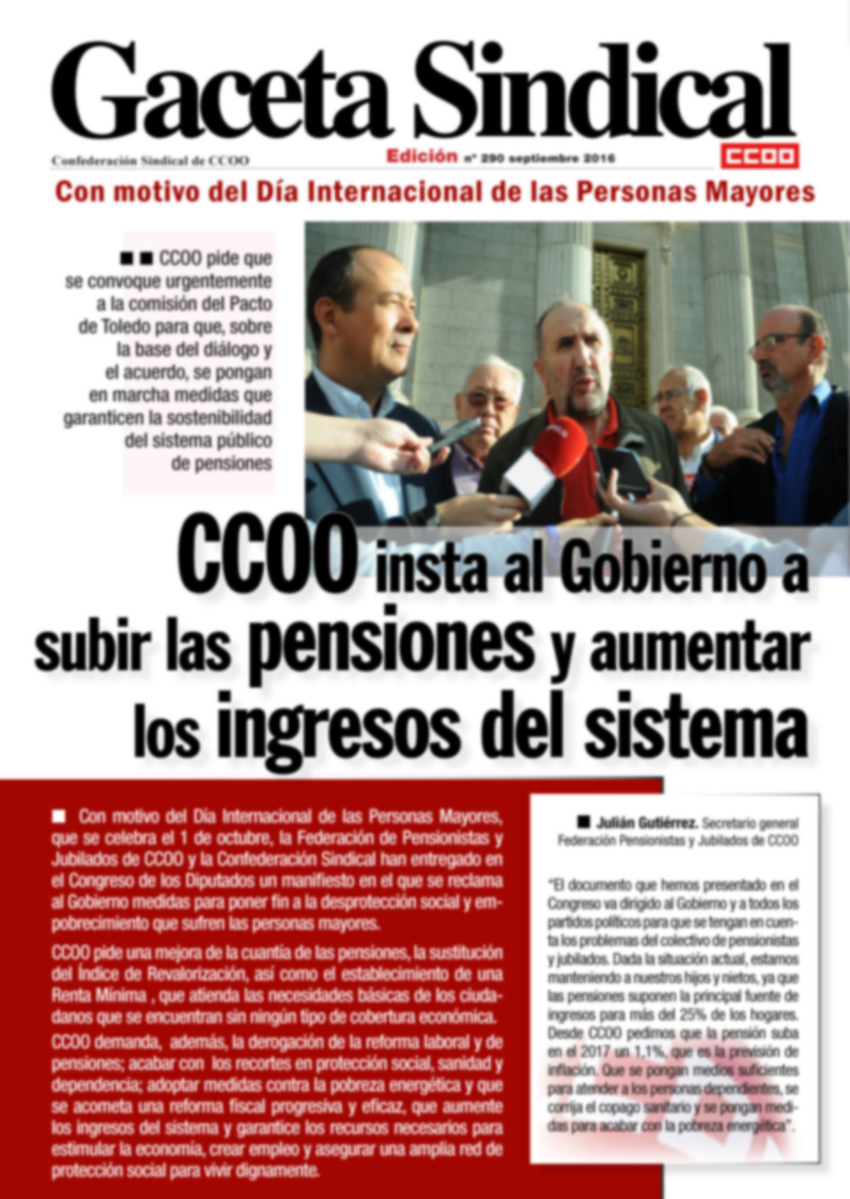 Gaceta Sindical n 290, CCOO insta subida de pensiones