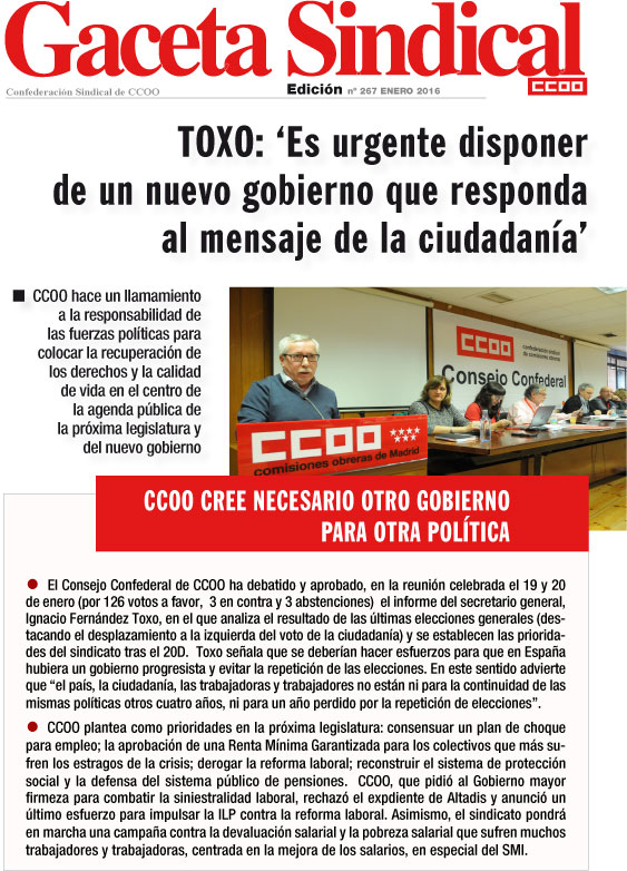 Gaceta Sindical n 267: Informe aprobado por el Consejo Confederal y Propuestas de CCOO tras el 20D