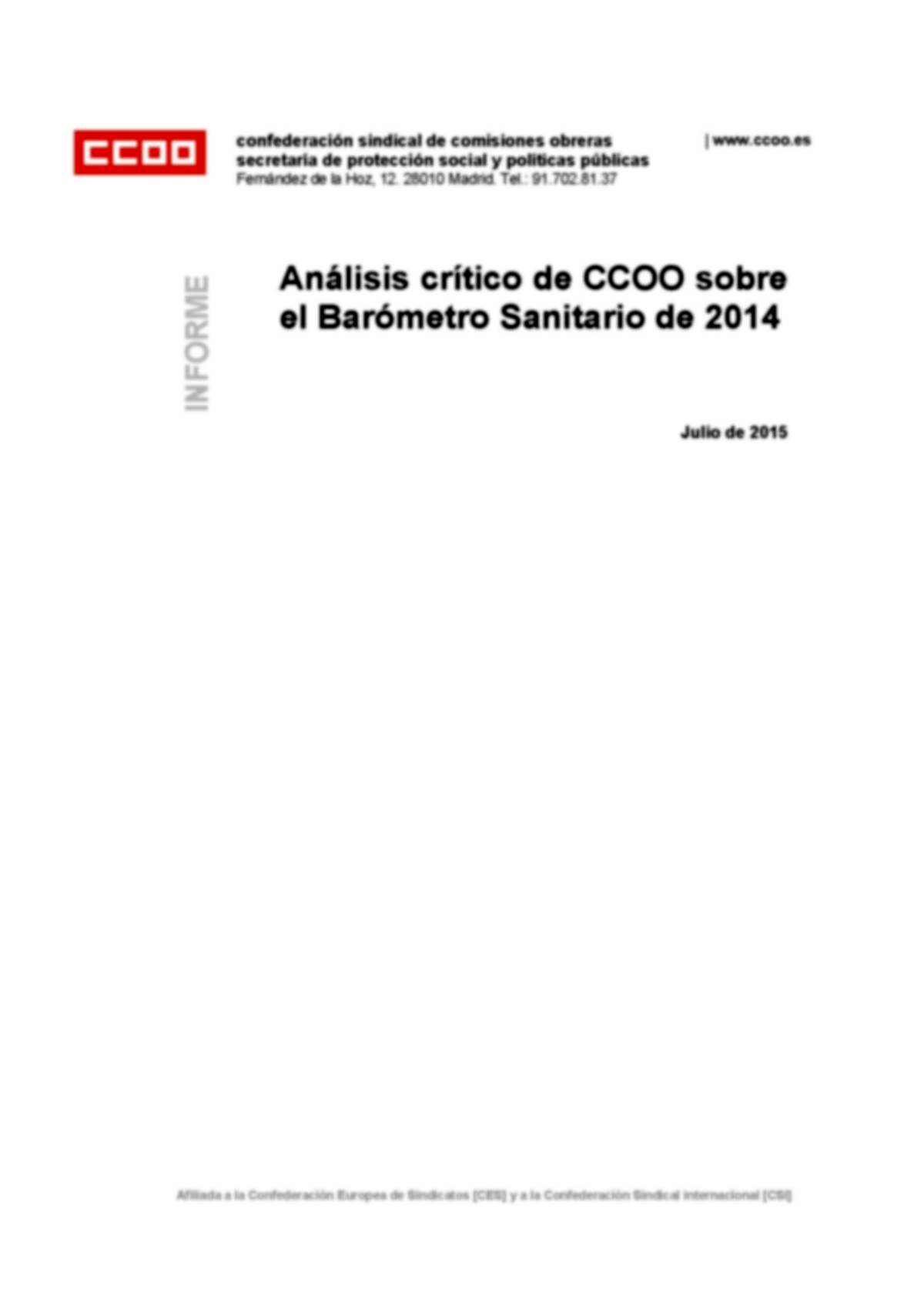Portada Informe Analisis CCOO Barometro Sanitario 2014