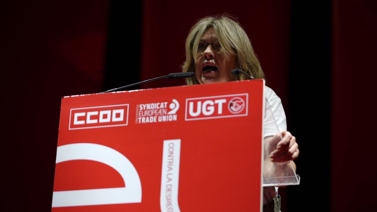 Catarina Tavares, secretaria general de UGT Portugal, estuvo reivindicativa ante el auditorio madrileño.