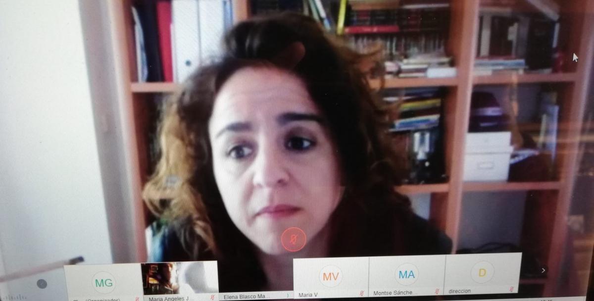 Elena Blasco Martín, secretaria confederal de Mujeres e Igualdad de Comisiones Obreras, interviniendo, a través de videoconferencia, en el pleno del Observatorio Estatal de Violencia contra las Mujeres, fotografía de Eva Antón.