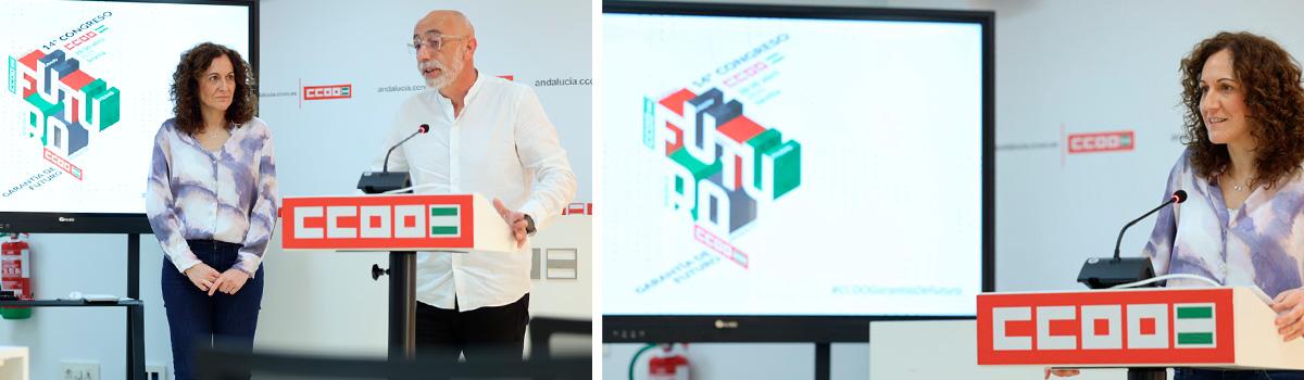 Momentos de la rueda de prensa para presentar el 14 Congreso de CCOO de Andaluca y la candidatura de Nuria Lpez a la secretara general