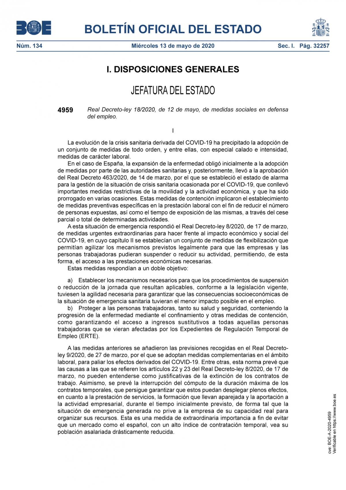 Real Decreto-ley 18/2020, de 12 de mayo, de medidas sociales en defensa del empleo.