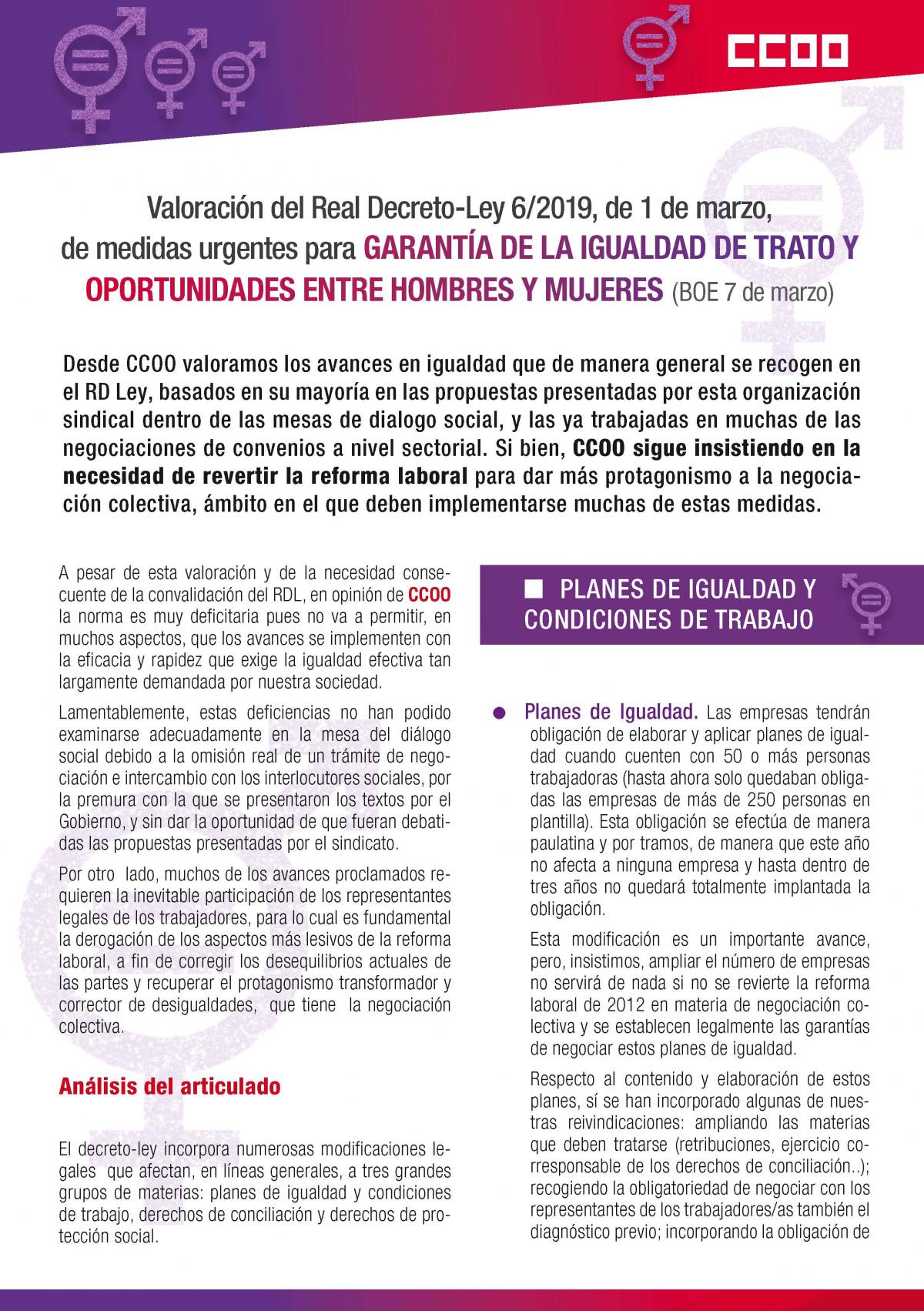 Valoración del Real Decreto-Ley 6/2019, de 1 de marzo, de medidas urgentes para garantía de la igualdad de trato yoportunidades entre hombrfes y mujeres (BOE 7 de marzo).